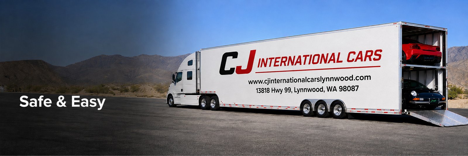 Safe & Easy — an enclosed multi-car transporter loaded and ready to roll